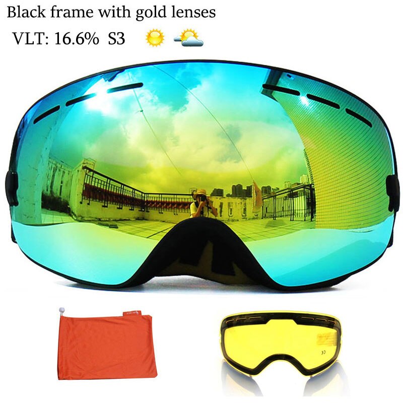 Anti-fog Ski Goggles UV400 Ski Glasses Double Layers Skiing Snowboard Snow Goggles Ski Eyewear With One Graced Brightening Lens: Black Gold