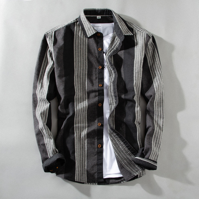 901 Men Vertical Striped Shirt Loose Long Sleeve Irregular Comfy All-Match Gentlemen Youth Japan Style Tops: 901 Black / S
