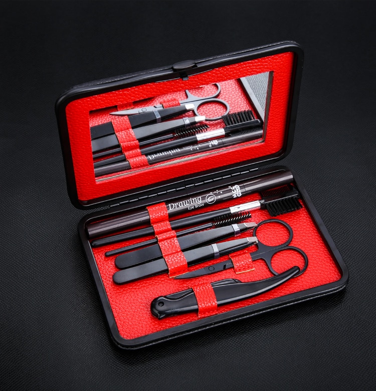 8 in 1 Men Eye brow Grooming Set Eyebrow Trimmer Drawing Stencils Tweezers Comb Pencil Eyebrow Trimming Suit Make Up Tool Kit