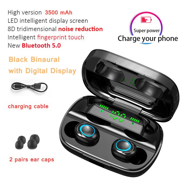 Tws Bluetooth Oortelefoon Draadloze Hoofdtelefoon 3500Mah Touch Control Led Met Microfoon Sport Waterdichte Headsets Oordopjes Oortelefoon: Led-black