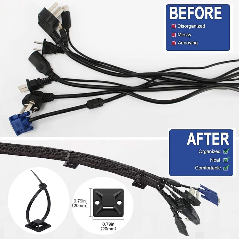 Cable Management Kit, Cable Sleeve,Self Adhesive Base,Large Cable Clips,Silicone Cord Holders,Cable Tidy Organisers