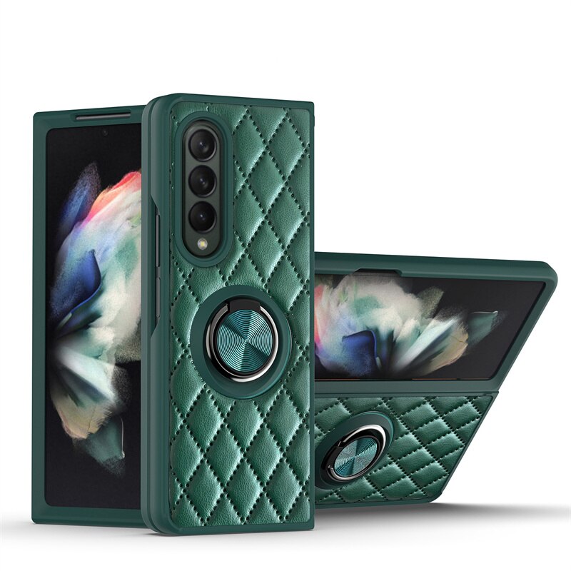 Diamant Telefoon Geval Voor Samsung Galaxy Z Vouw 3 5G Embossing Lederen Ring Met Houder Shockproof Back Cover Voor galaxy Z Vouw 3: green