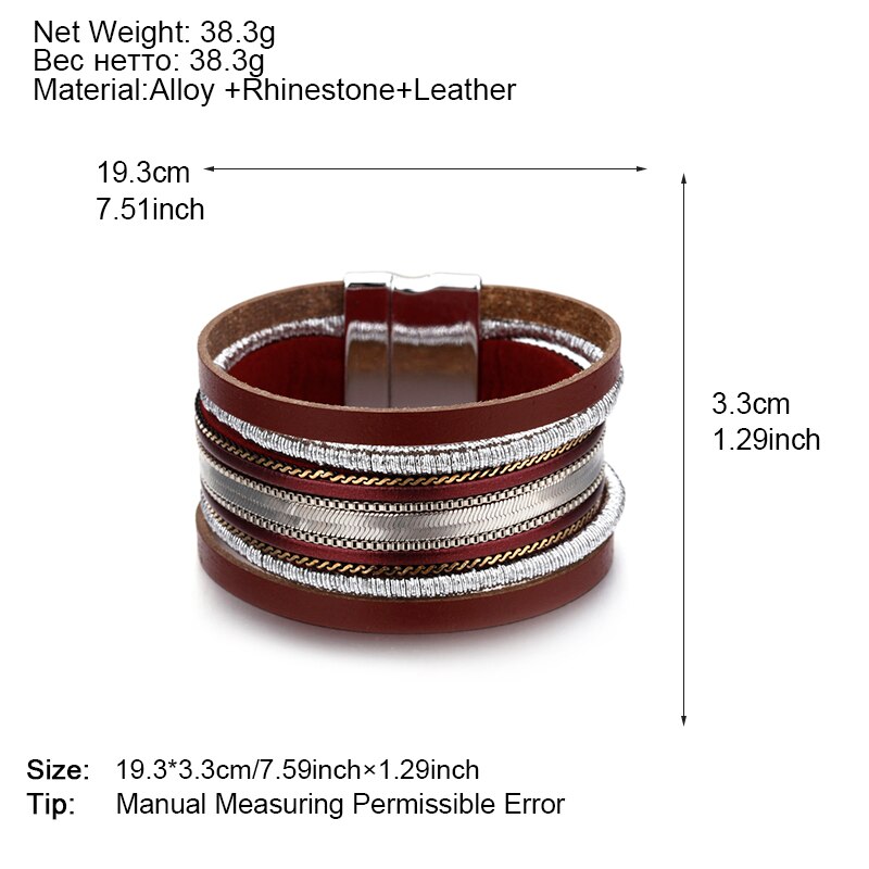 Amorcome Metal Chain Pasted On Leather Bracelets for Women Female Vintage Bohmenian Multilayer Wide Wrap Bracelet Femme Jewelry