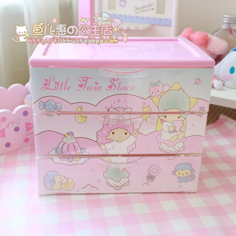 Dessin animé mignon petites étoiles jumelles ma mélodie trois couches tiroir boîte de rangement bacs créatifs filles bureau rose en plastique cosmétique: Little Twin Stars