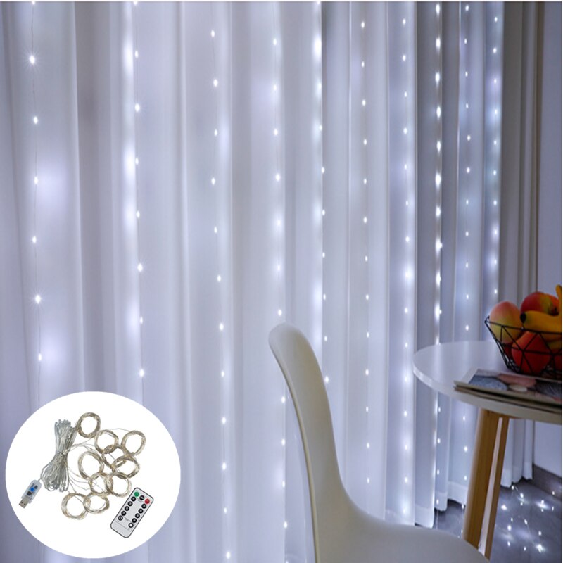 Guirnalda de guirnaldas de luces LED de 3m, lámpara de cortina con Control remoto, cadena de luces USB, adornos navideños para el hogar, dormitorio y ventana: USB White / 3M x 3M