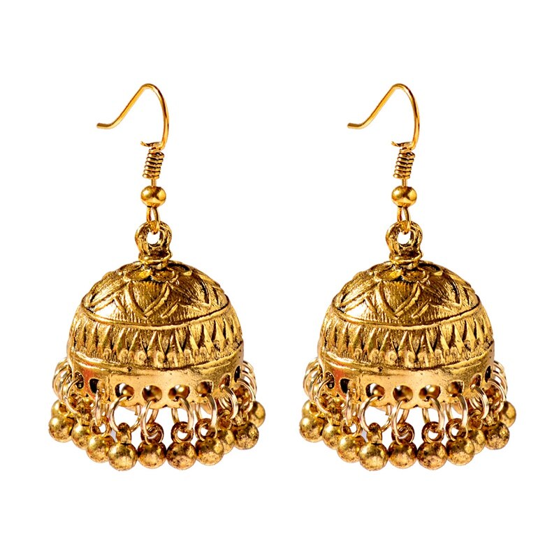 Tophanqi Bollywood Oxidized Big Bell Dangle Earrings For Women Green Leaf Carved White Beads Tassel Indian Jewelry Earring: Gold