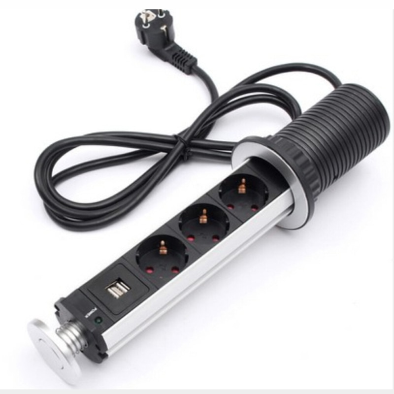 Desktop Electrical Socket 4-way Retractable Table Socket Strip with Dual USB Charger Outlet Home Kitchen Bathroom Office Charger