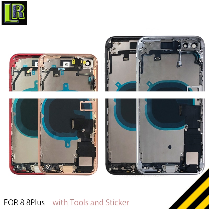 Bagside fuldt hus til iphone 8 8 plus plus bagside batteridæksel dør midterramme chassis + glas med flex kabel dele samling