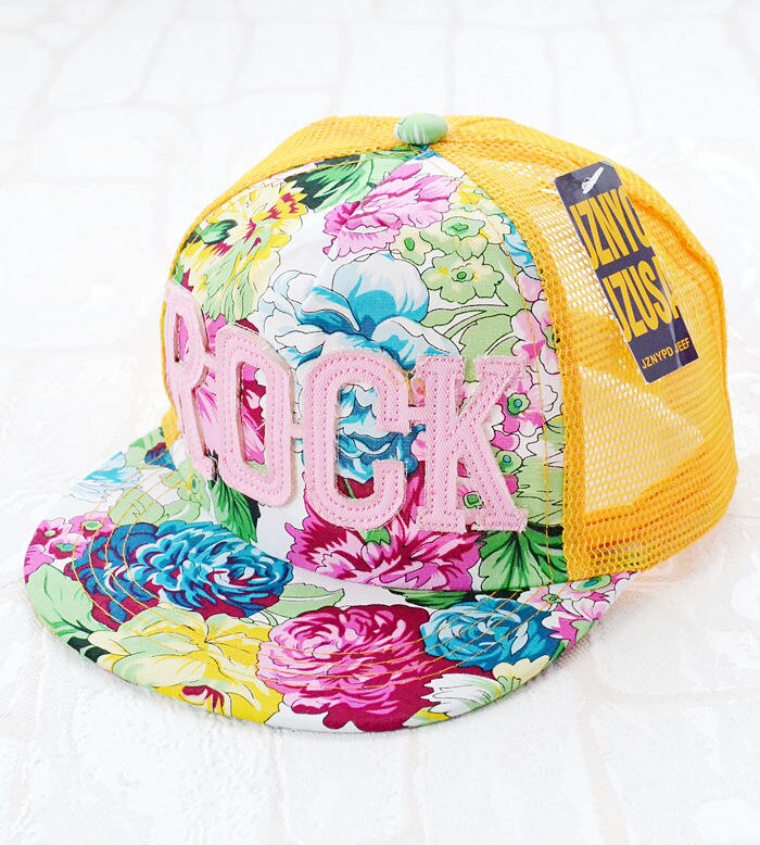 2018 Flores de Impressão Rocha Verão Sol Bonés de Beisebol Das Meninas Dos Meninos Do Bebê Verão das Crianças Malha Caps Chapéu Snapback: Amarelo