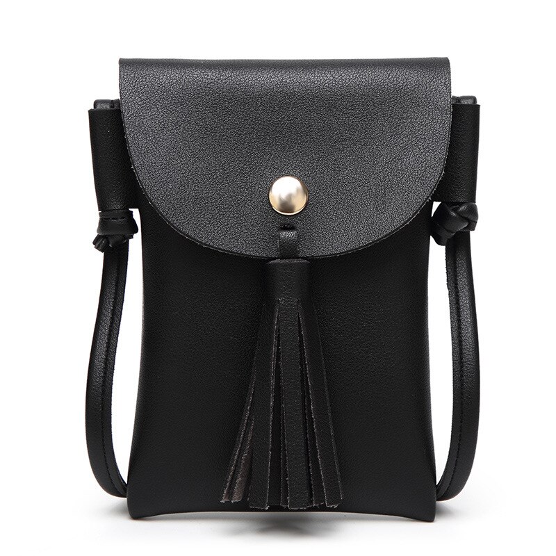 Kvindelige håndtasker mini telefon taske pu kvast skulder messenger taske: Sort