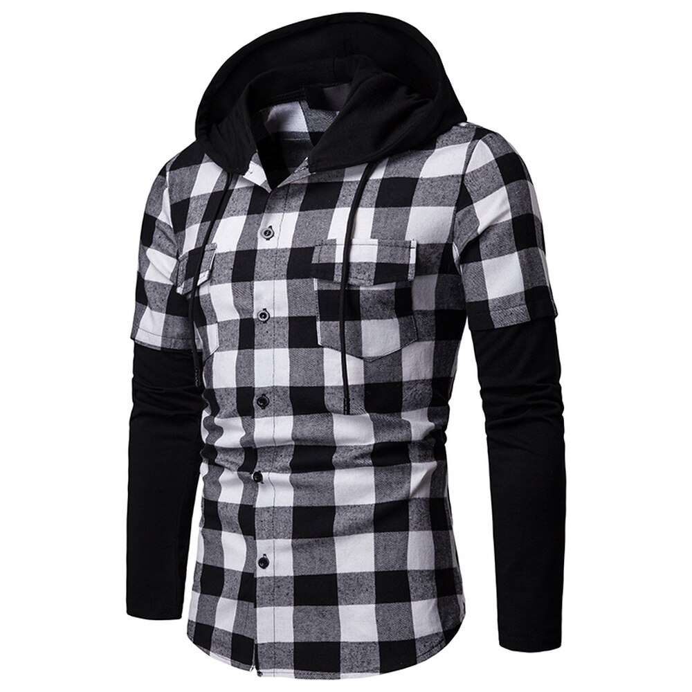 Mænds casual slim fit skjorte plaid hætte med to lommer langærmet top skovhugger ternet skjorte jack tøj 205 #39