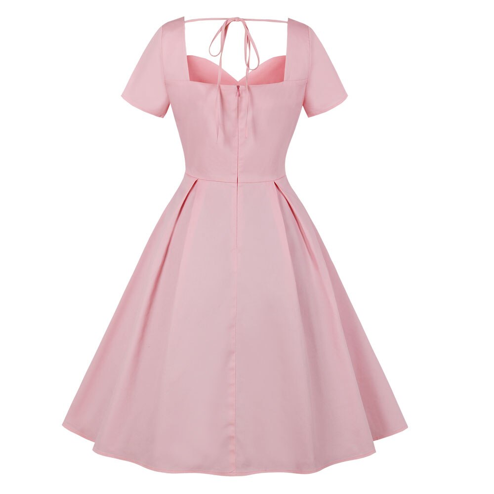 bordado Floral mujeres vestido Retro estilo Rosa escote corazón mangas cortas 60s Vintage vestido verano Vestidos