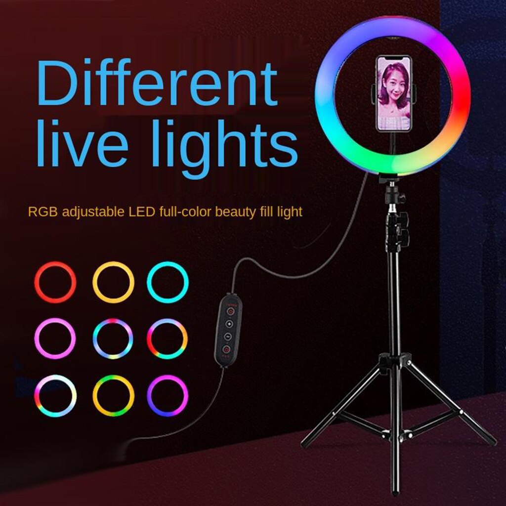 Rgb cor anel de luz 10 polegada led controle remoto círculo lâmpada com telefone montar clipe tripé suporte para maquiagem fotografia iluminação