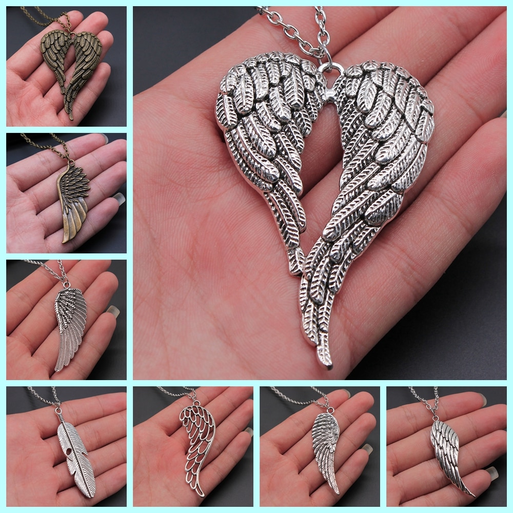 2 Colors Antique Silver Color Antique Bronze Color Bird Wings &amp; Feather Pendant Necklace For Women Men Girl Boy Metal Chain