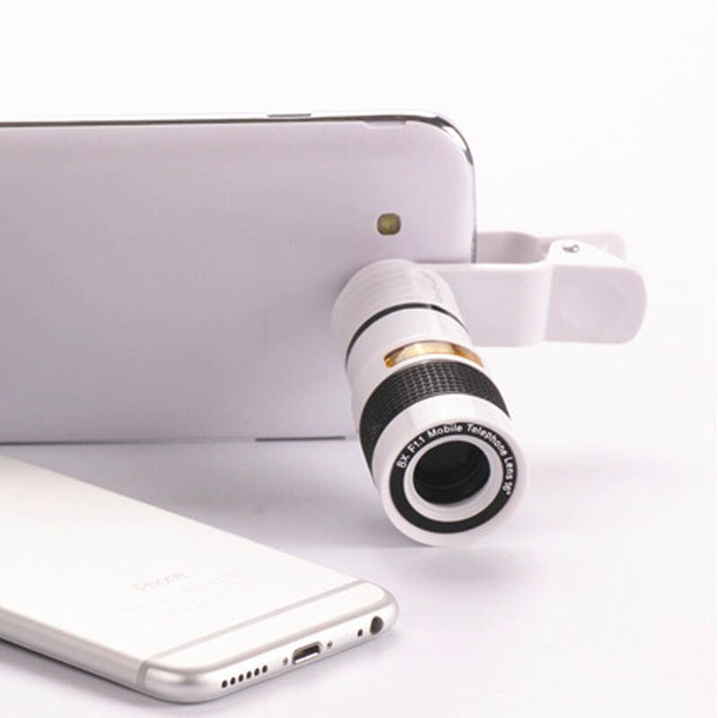 Mobiltelefon kamera linse 8x zoom teleobjektiv eksternt teleskop med universal klips til smartphone: Hvid