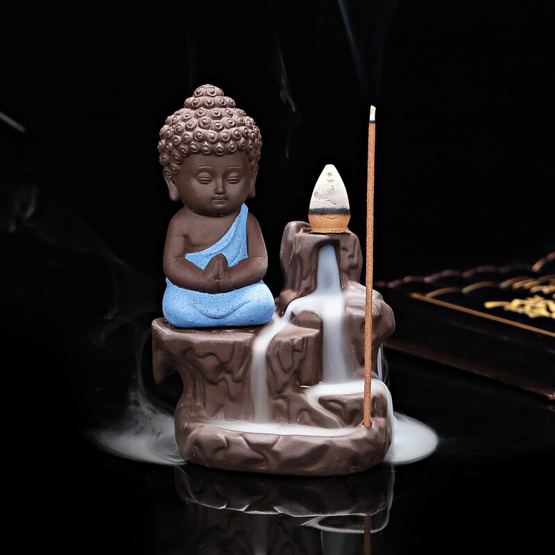 With 10Cones The Little Monk Censer Home Decor Small Buddha Incense Holder Backflow Incense Burner Use In Home Teahouse: Blue