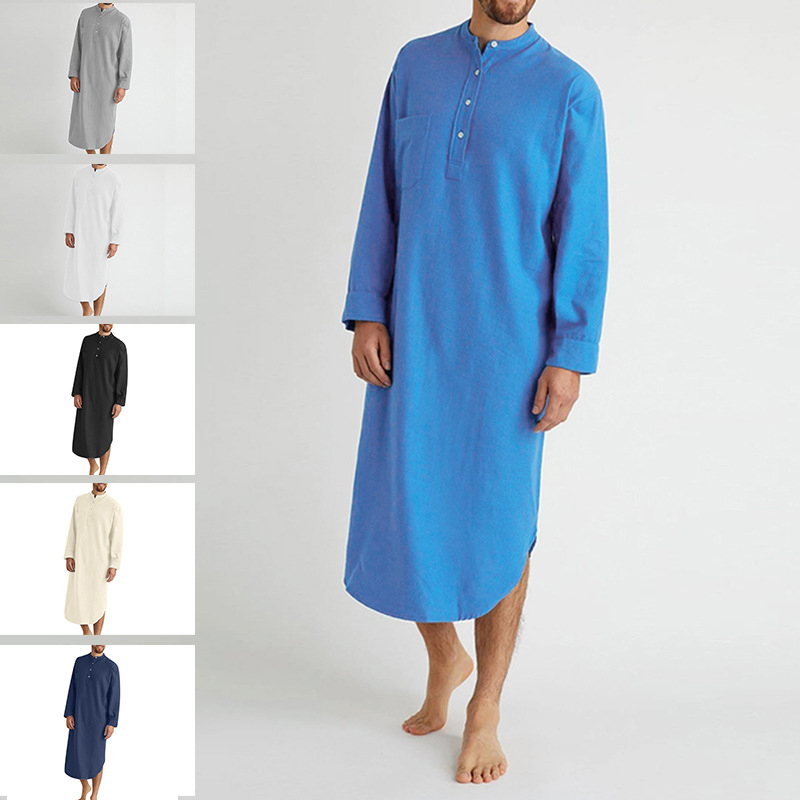 Abaya-Robe musulmane à manches longues pour homme, chemise de nuit en coton, longueur genou, tunique arabe, chemises noires, jubba, thobe blanc