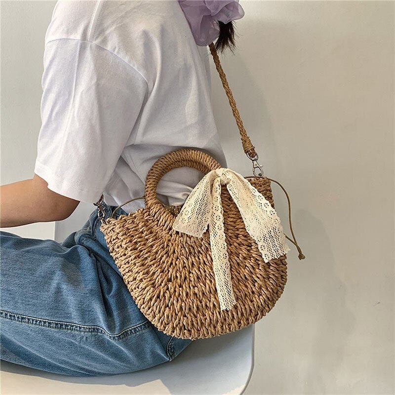 Handwoven Stro Rotan Strand Handtas Vrouwen Meisjes Zomer Hollow Out Crossbody Schoudertas Met Strik Kant Kwasten