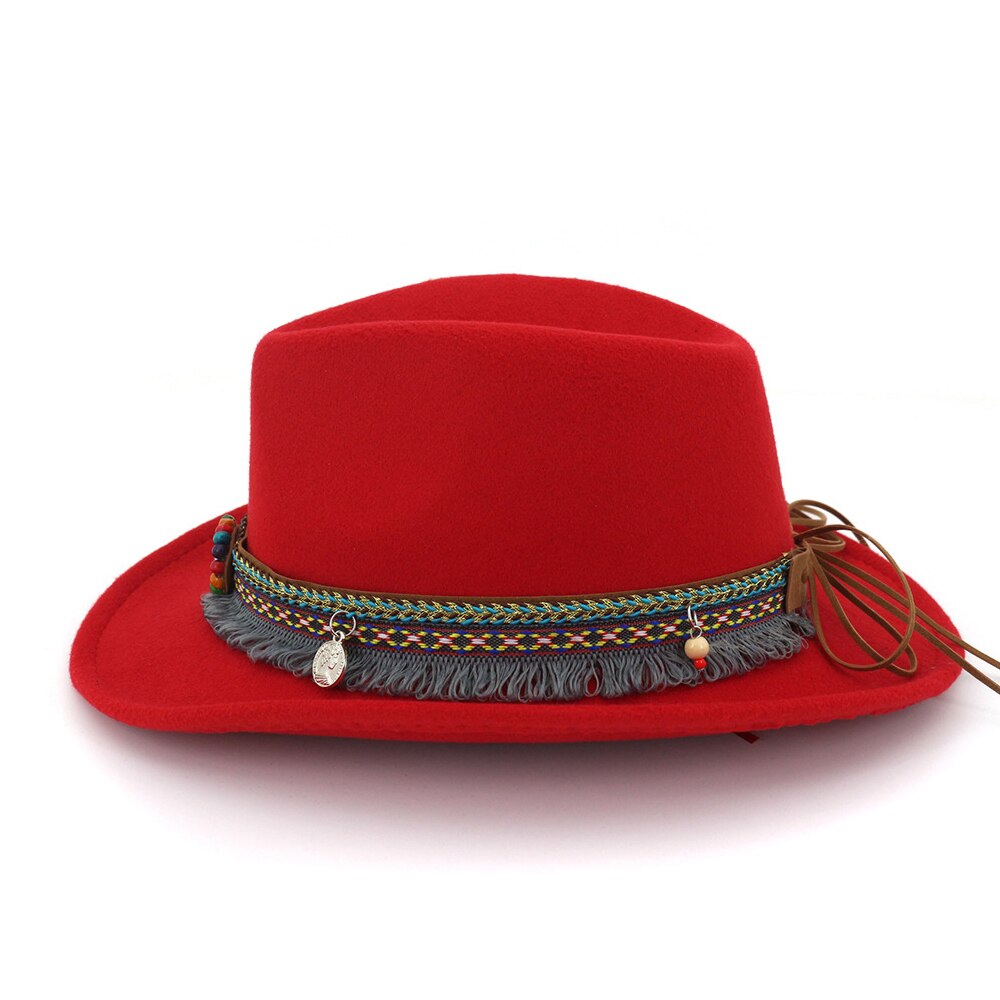 Women Wool Western Cowboy Hat With Tassel Ribbon Wide Brim Jazz Hat Sombrero Hombre Hat