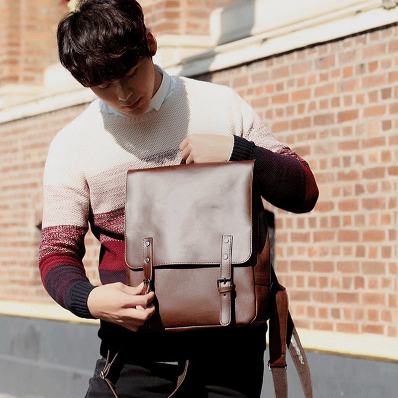 Tre-eske merkevare lær menn bag casual menn skole ryggsekk laptop daypacks college vintage reiser ryggsekker mannlig mochila