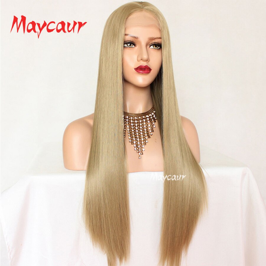 Maycaur Hittebestendige Bob Lace Front Pruiken Voor Vrouwen Ombre Blonde Korte Striaght Synthetisch Haar Pruik 14 Inch