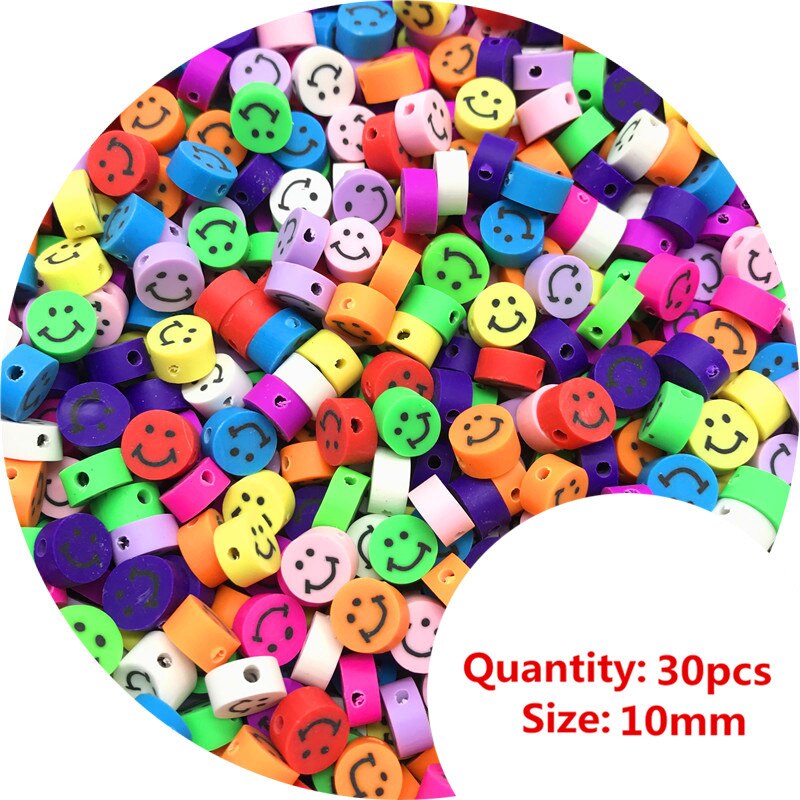 30 Uds. 10mm cuentas de impresión de fruta/sonriente/Animal cuentas de arcilla polimérica cuentas de color mezclado polímero separador de cuentas de arcilla para fabricación de joyería DIY