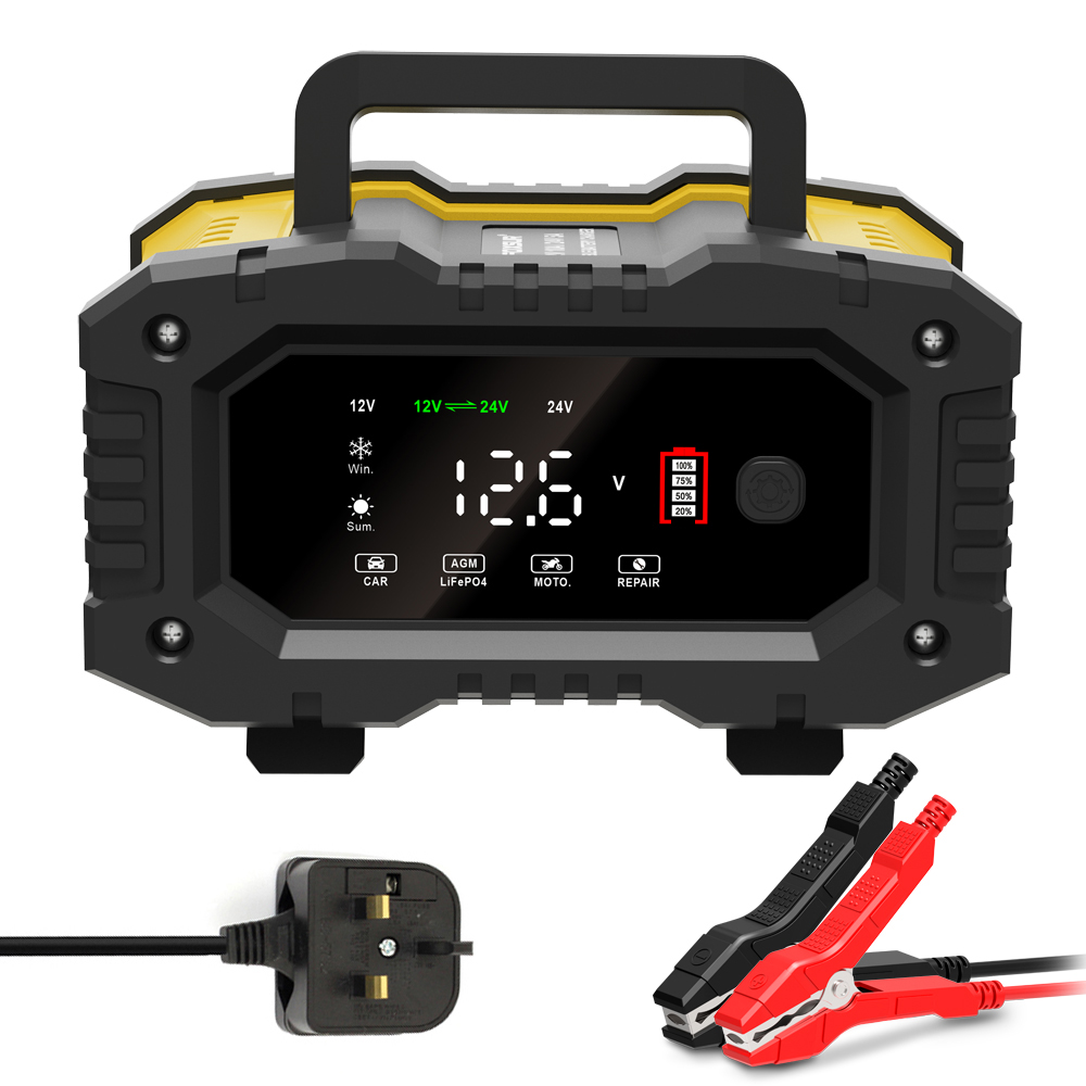 FOXSUR-cargador de batería de coche 10A para baterías de plomo-ácido Lifepo4 AGM de 12V 24V para motocicleta, camión, barco con reparación automática de pulso: Rojo