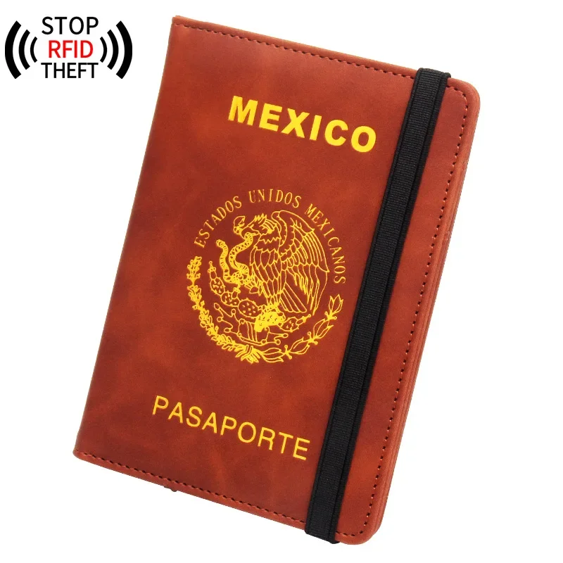 Rfid-blokkerende paspoorthoes voor mexico, gemaakt van pu-leer, verenigde staten, mexicaans, reisdocumenten, beschermingskaarthouder voor mannen en vrouwen: Bruin