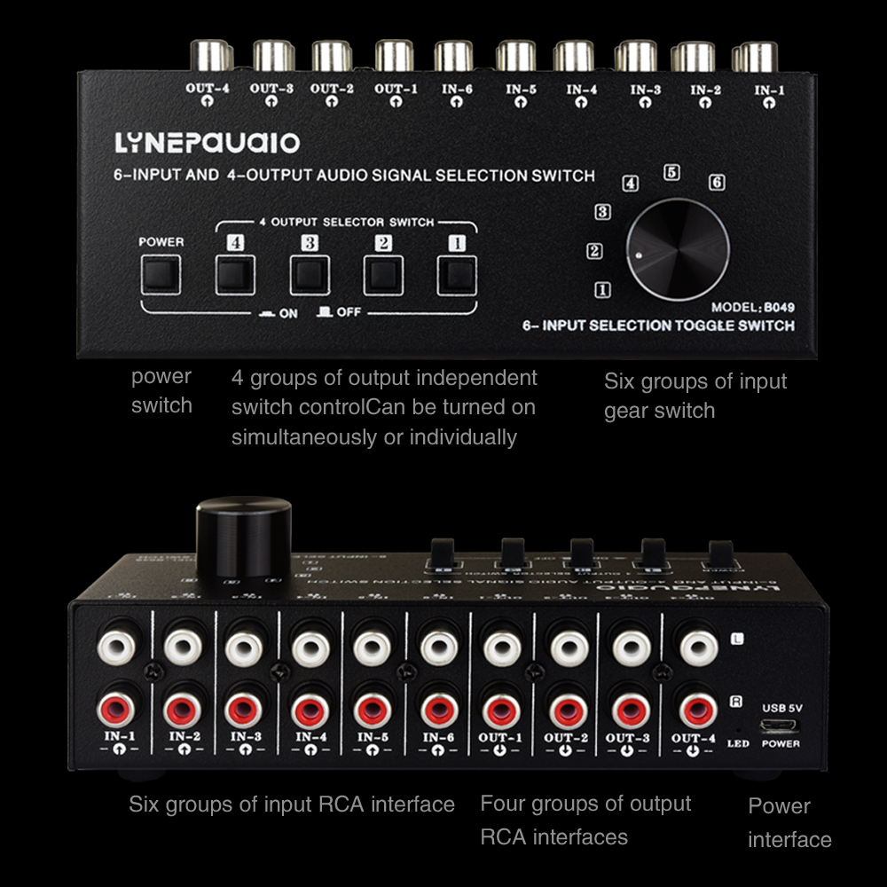 2025 neue 6-in 4-out audio signal switcher splitter audio quelle switcher ausgang schalter steuerung kann gleichzeitig ausgang
