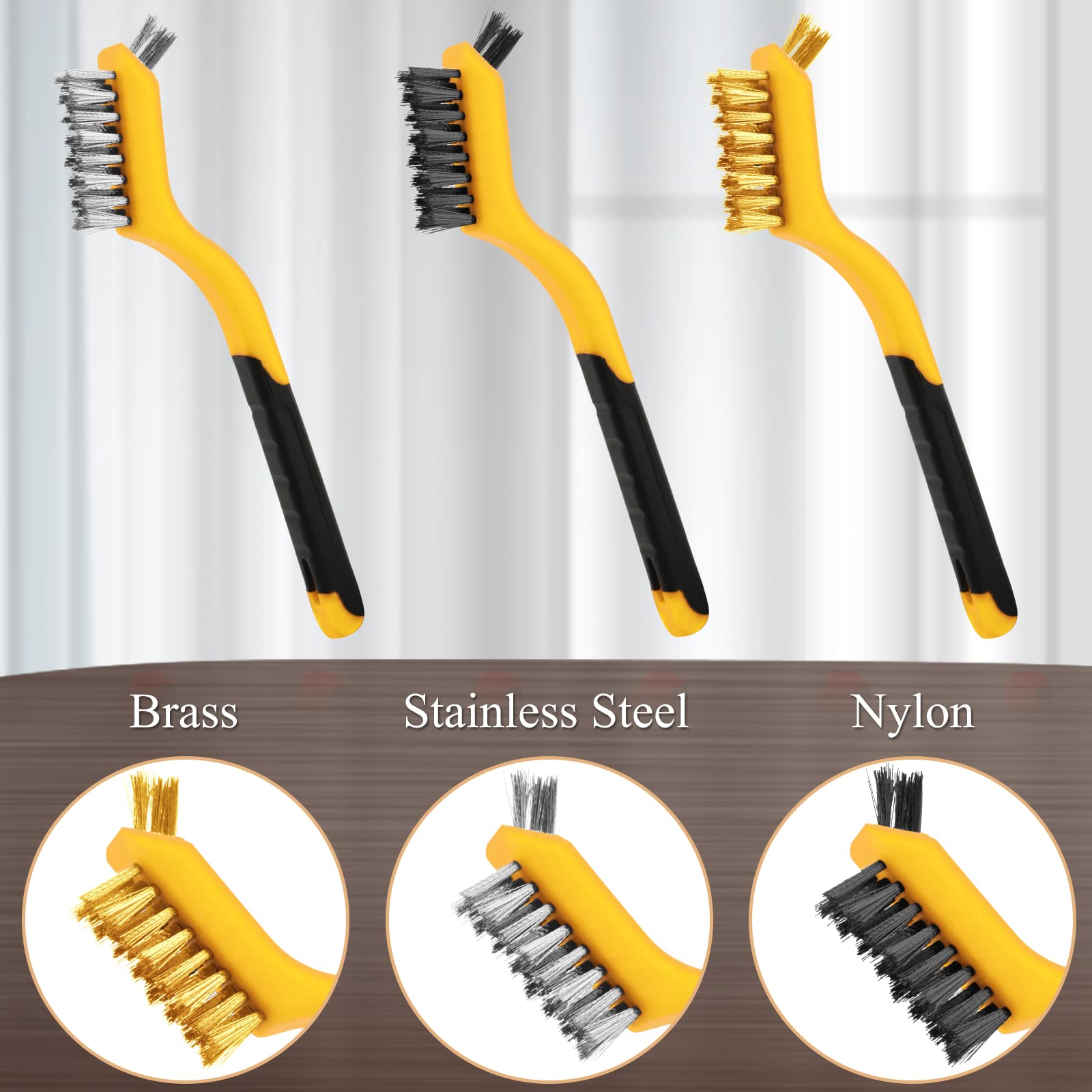 3Pcs Wire Brush Set, Wire Brushes for Cleaning Rust Removal，Brass/Nylon/Stainless Steel Brush with Curved Handle Grip: Yellow