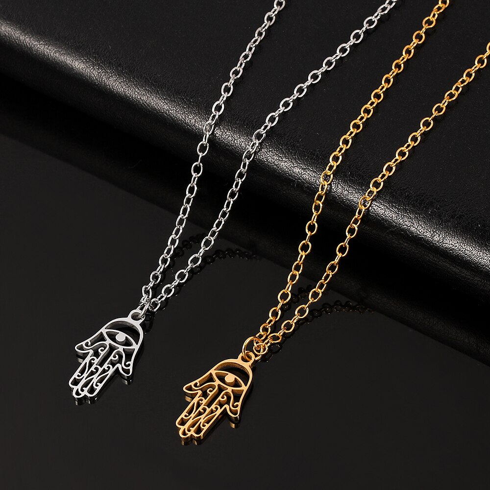 Turkish Evil Eye Hamsa Hand of Fatima Pendant Necklace Gold Stainless Steel Hollow Pendant & Chain Hip Hop Women/Men Jewelry