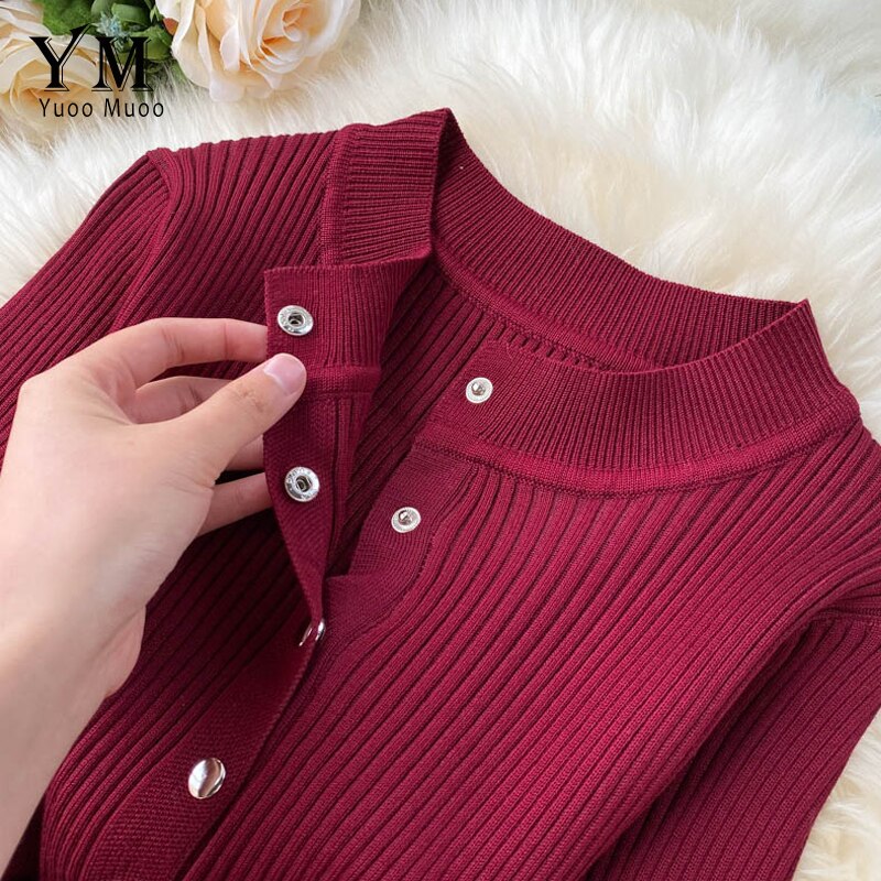 Yuoomuoo kvinder kjole o-hals knapper strikkede dame kjoler efterår vinter lange ærmer slim fit bodycon kjole kontor