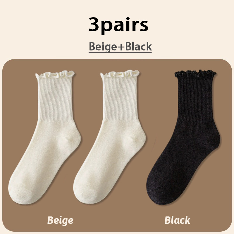 Calcetines con volantes para mujer, 3 par/lote, tubo medio hasta el tobillo, Calcetines blancos y negros transpirables, Calcetines femeninos para primavera y otoño: Gris