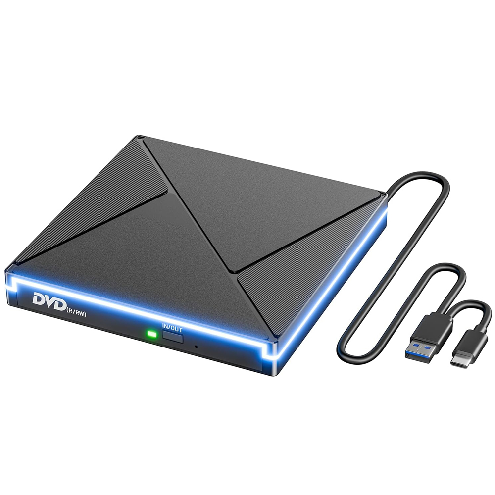 RGB DVD Player for Laptop External CD/DVD Reader Writer ROM Drive USB C Portable CD/DVD Burner for MacBook Mac Windows 11/10/7/8