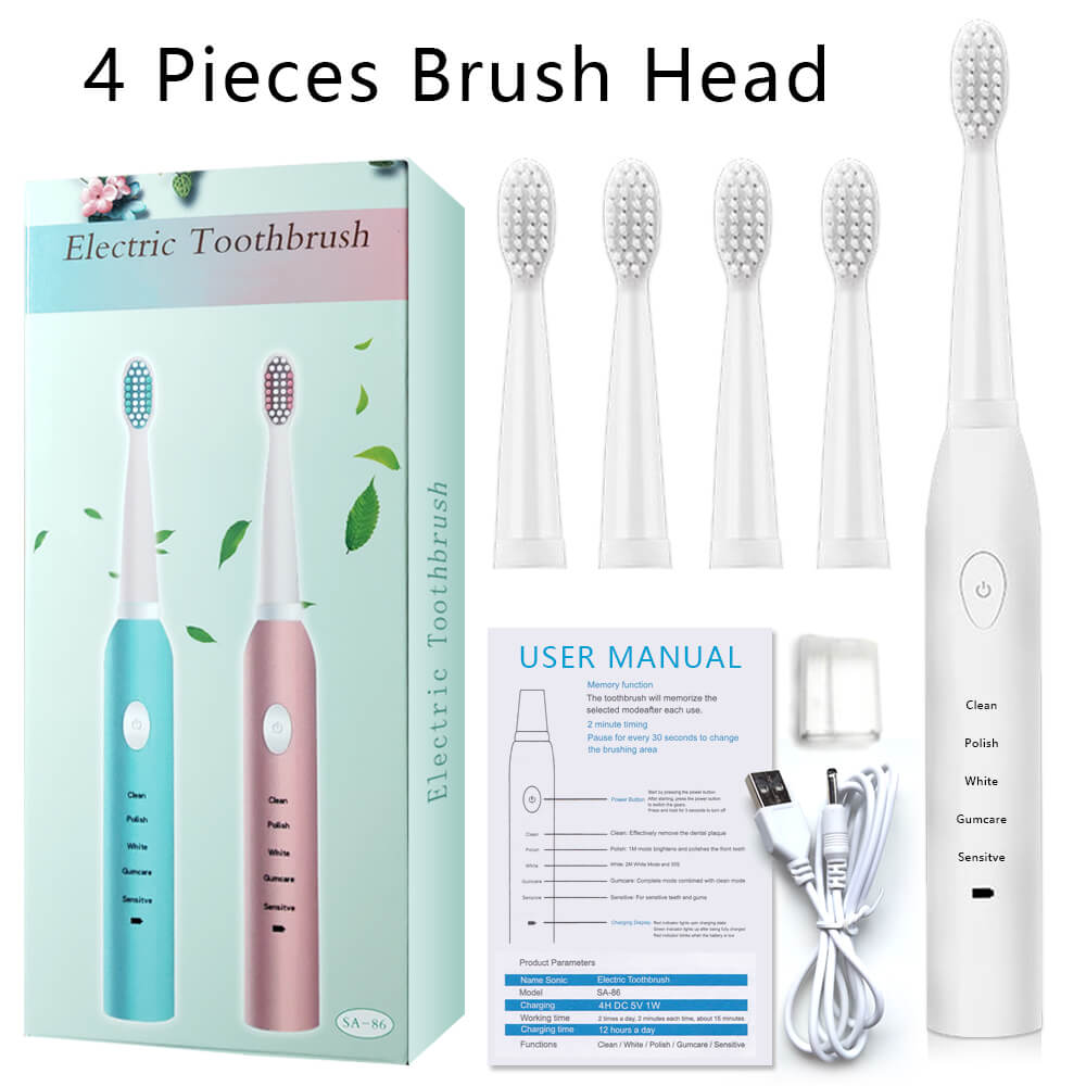 Home Ultrasonic Electric Toothbrush Rechargeable Dental Scaler Sonic Tooth Cleaner Portable Remover Stains Dentist Brush Head TV: White with 4 heads