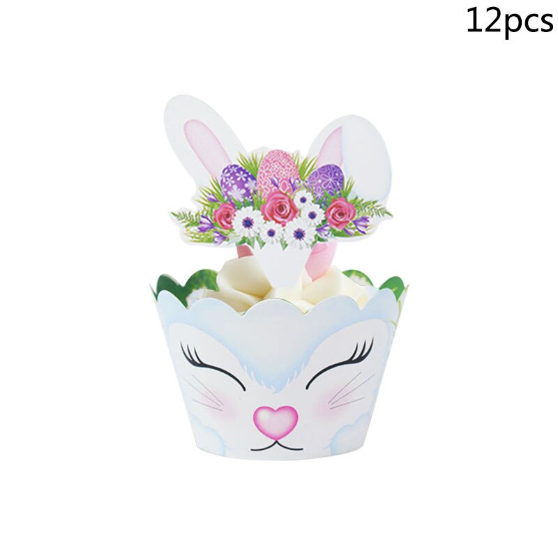 12pcs/set Cute Rabbit Paper Cupcake Wrapper Easter Bunny Cake Toppers Year Kids Birthday Party Cake Decorations: Default Title