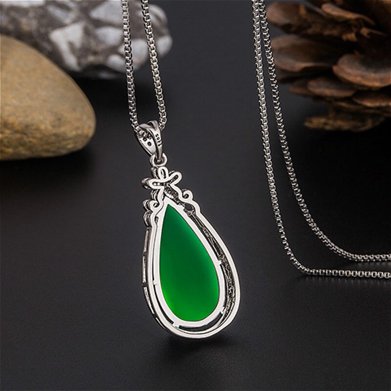 Natural Green Jade Chalcedony Water Pendant 925 Silver Necklace Chinese Carved Charm Jewelry Amulet for Women