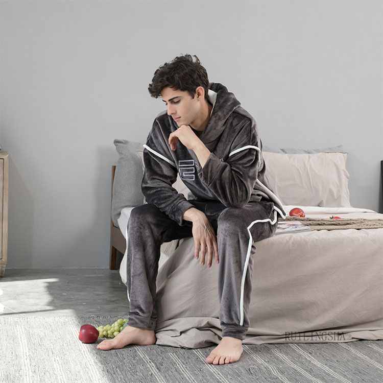 Pijama de franela con capucha para hombre, conjunto de 2 unids/set/conjunto de ropa de dormir gruesa y cálida para parejas, trajes informales sueltos para el hogar