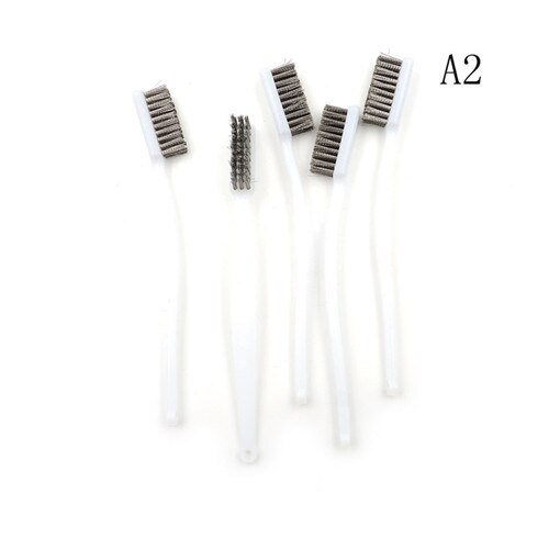 5 Pcs White Plastic Handle Brass Bristle Wire Brush 6.9 x 0.47 x 0.79inch Length