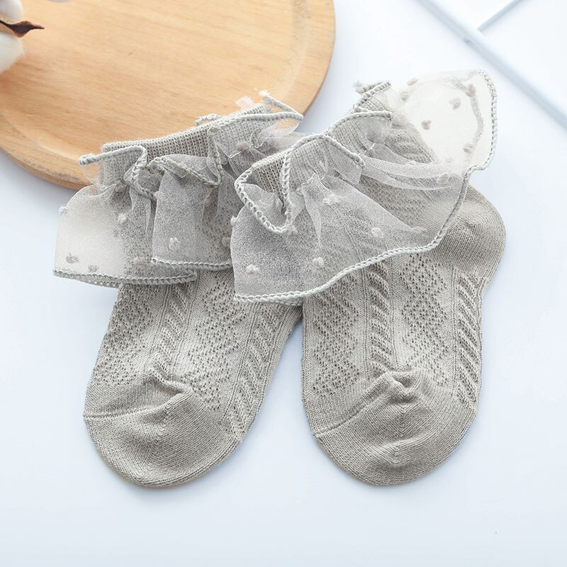 Cotton Baby Girl Socks Lace Summer Breathable Infant Baby Girl Short Socks Princess Soft Floor Socks Sokken Skarpetki: gray