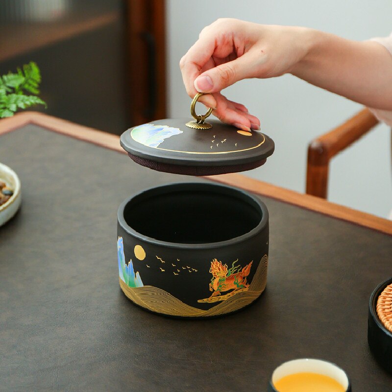 Hand Geschilderde Landschap Schilderen Paarse Klei Thee Caddy Opslagtank Reizen Theezakje Verzegeld Thee Pot Koffie Organizer Bus