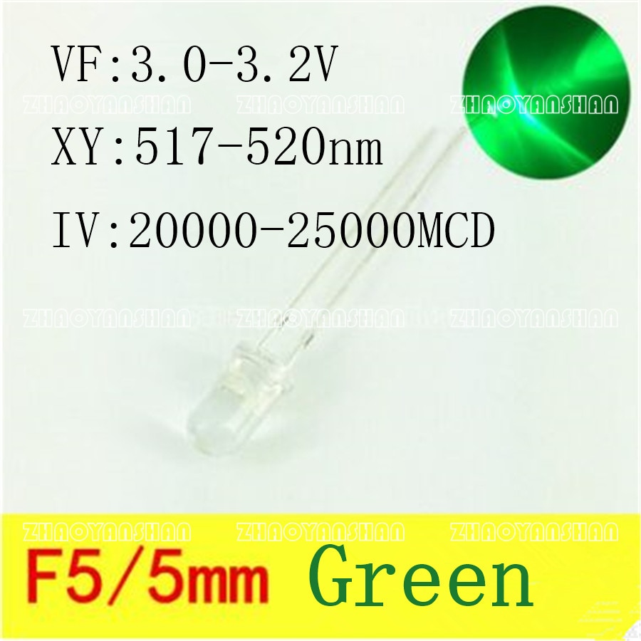 100 stks X 5mm Groene LED diode 3 v 517-520nm 20000-25000MCD Transparante Hoogtepunt