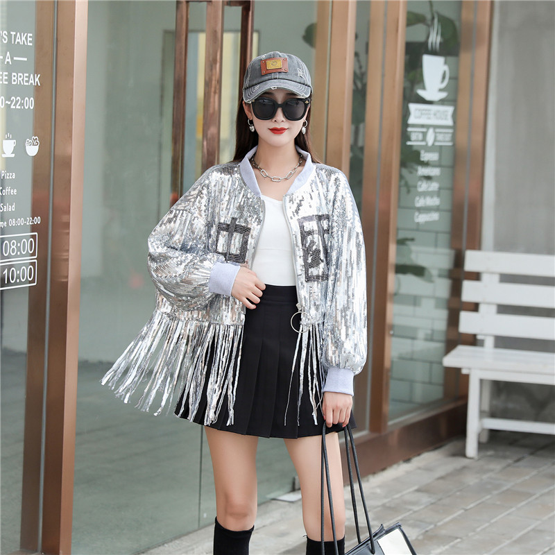 Veste à paillettes pour femmes, Streetwear, Hip Hop, couleur unie, automne, pompon, Patchwork, manteau, col rond, vêtements d&#39;extérieur amples bling-bling: Argent