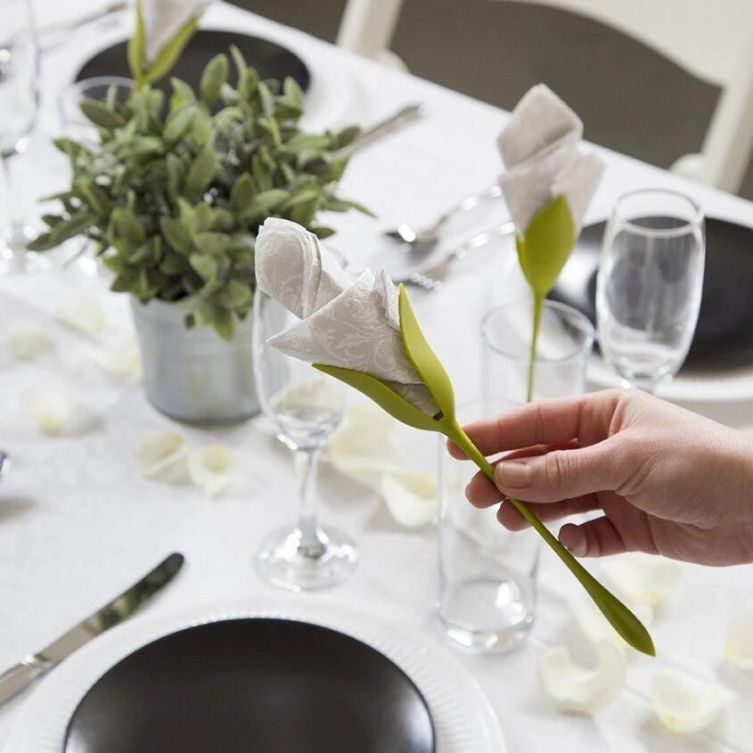 Bloom Napkin Holders Paper Towel Organizer for Tables 4pcs Green Stem Flower Buds Serviette Holders Dinner Tabletop Decorations