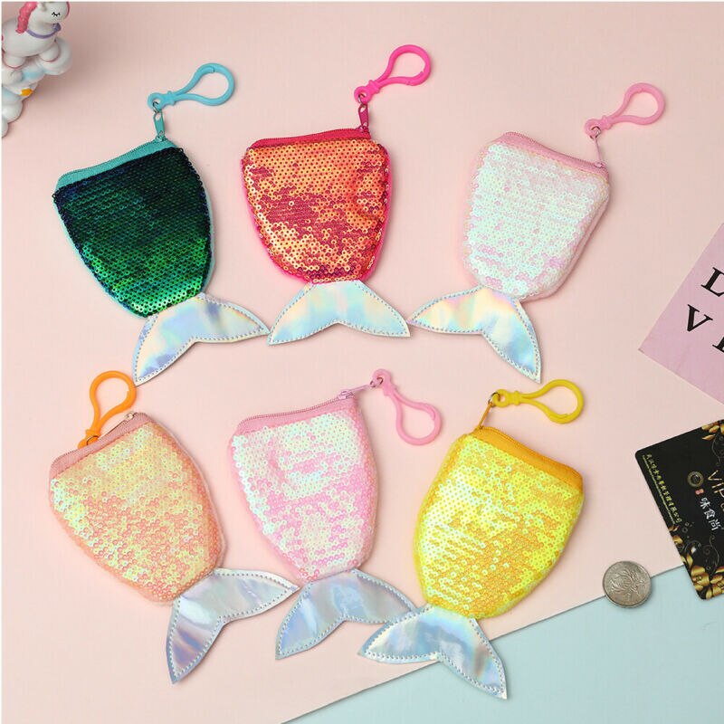 Women Mermaid Tail Sequins Coin Purse Crossbody Bags Holder Wallet Pouch Casual Cartoon Cute Kids Girls Coin Purses