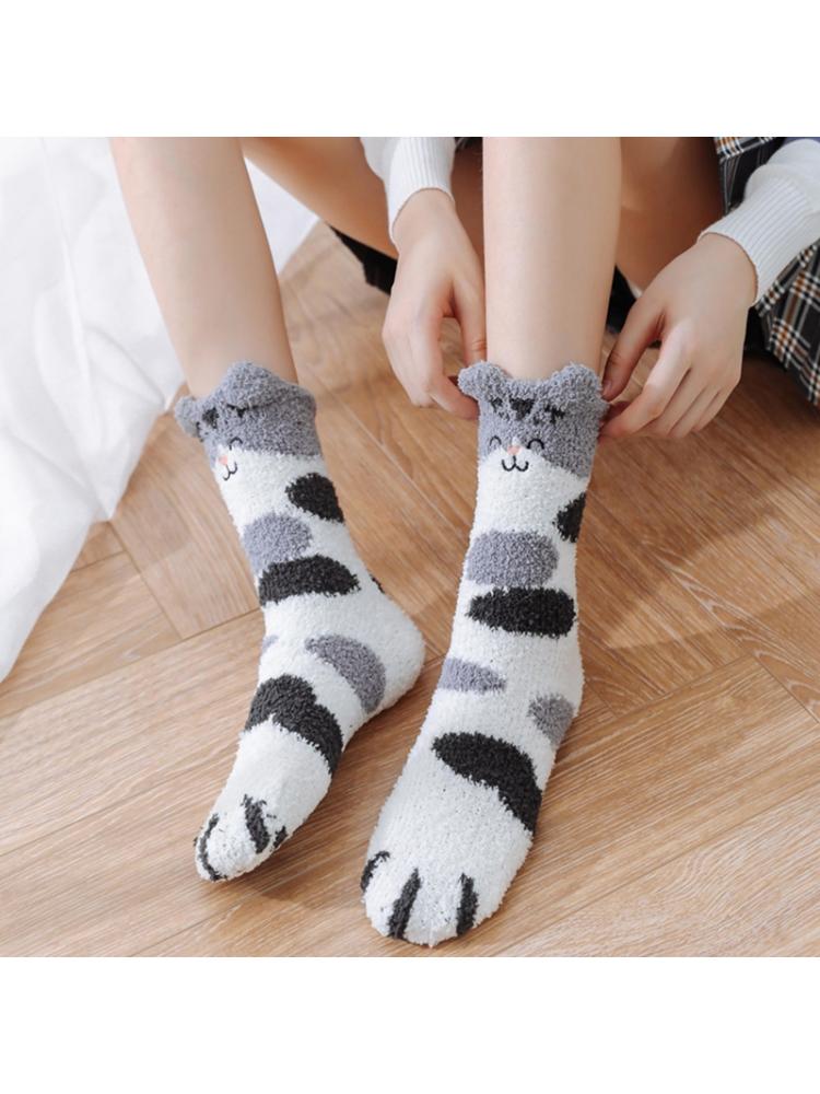 Kvinnor vinter luddiga tofflor strumpor tecknade öron katt tass varma sova strumpor  m2ea