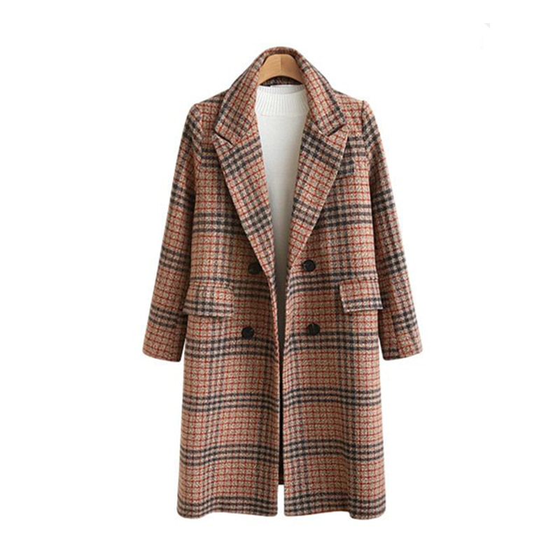 Høst vinter dame ullfrakk løs tartan uformelt Plus størrelse 4xl lange ullfrakker damejakke