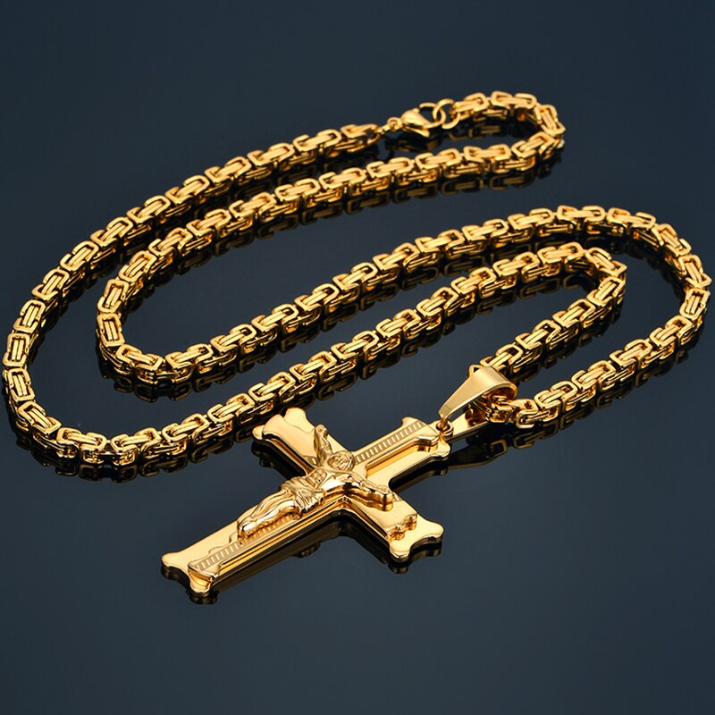 Stainless Steel Big Jesus Cross Pendant With Long Chain Men&#39;s Gold Color Crucifix Necklaces Male Religious Jewelry