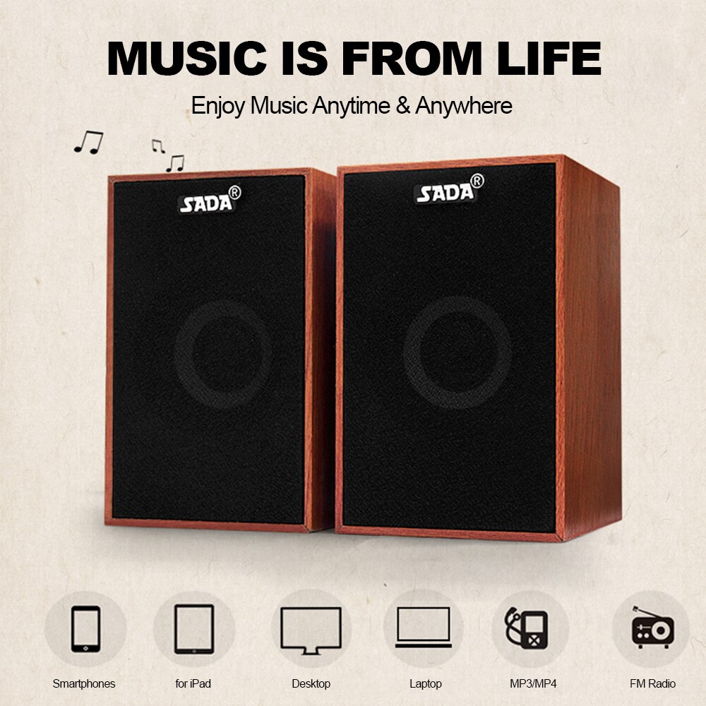 SADA V-160 USB Wired Wooden Combination Computer Speakers Bass Stereo Music Player Subwoofer for Laptop Tablet PC Smart Phone