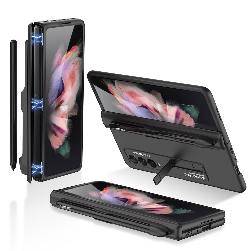 Magnetische Kickstand Pen Slot Telefoon Case Voor Samsung Galaxy Z Fold3 Vouw 3 5G Magnetische Fold Scharnier Case Armor shockproof Hard Cover